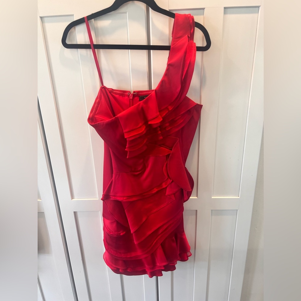 BCBG Ruby Red Cocktail One Shoulder Ruffle Dress! A must see! Size-8